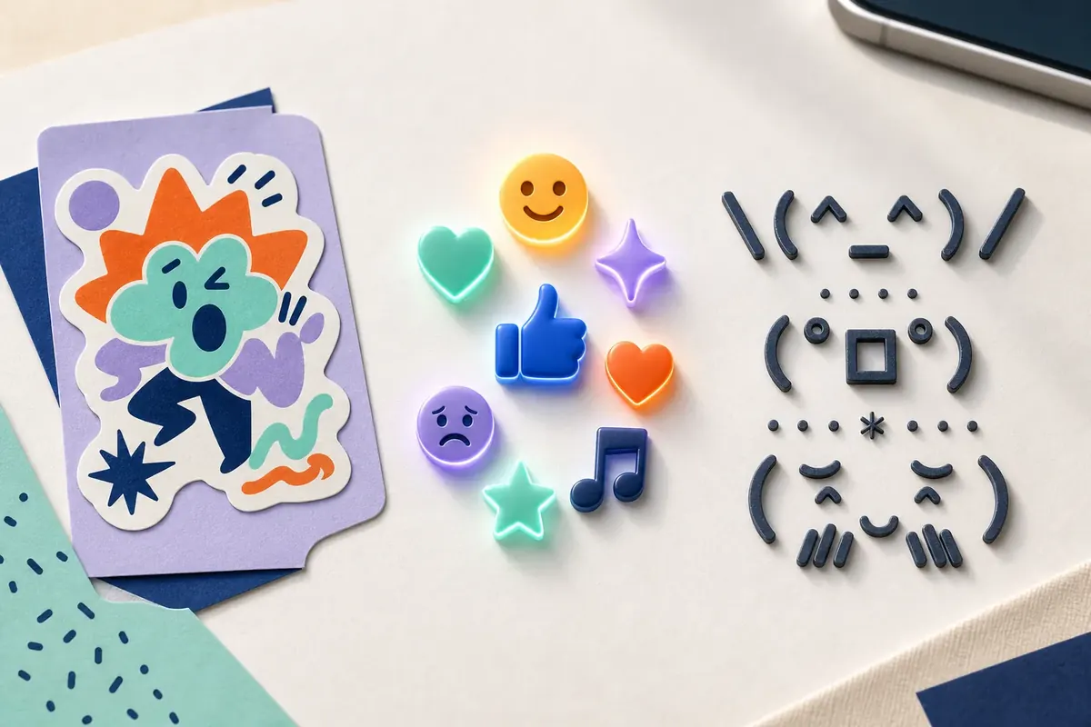 メッセージスタンプ、絵文字、顔文字を並べて違いを表現した編集イラスト