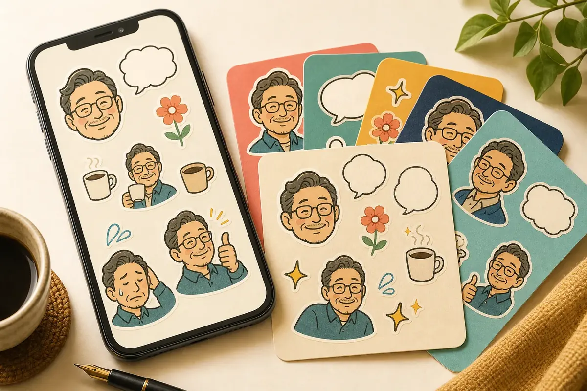 スマートフォンと少しレトロな男性イラストのメッセージスタンプを並べた編集イラスト